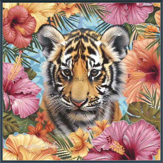 Tiger Cub Surrounded by Tropical Flowers
