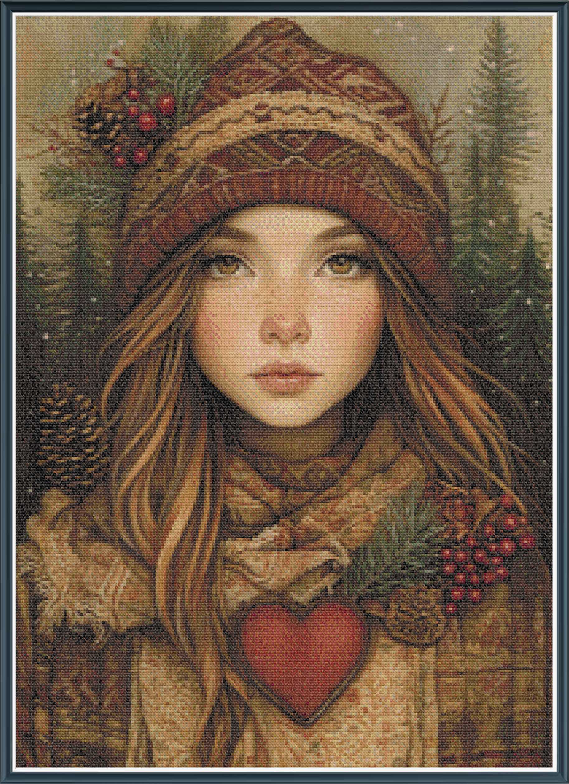 Illustration of a woman in winter clothing with a heart pendant, surrounded by nature elements.