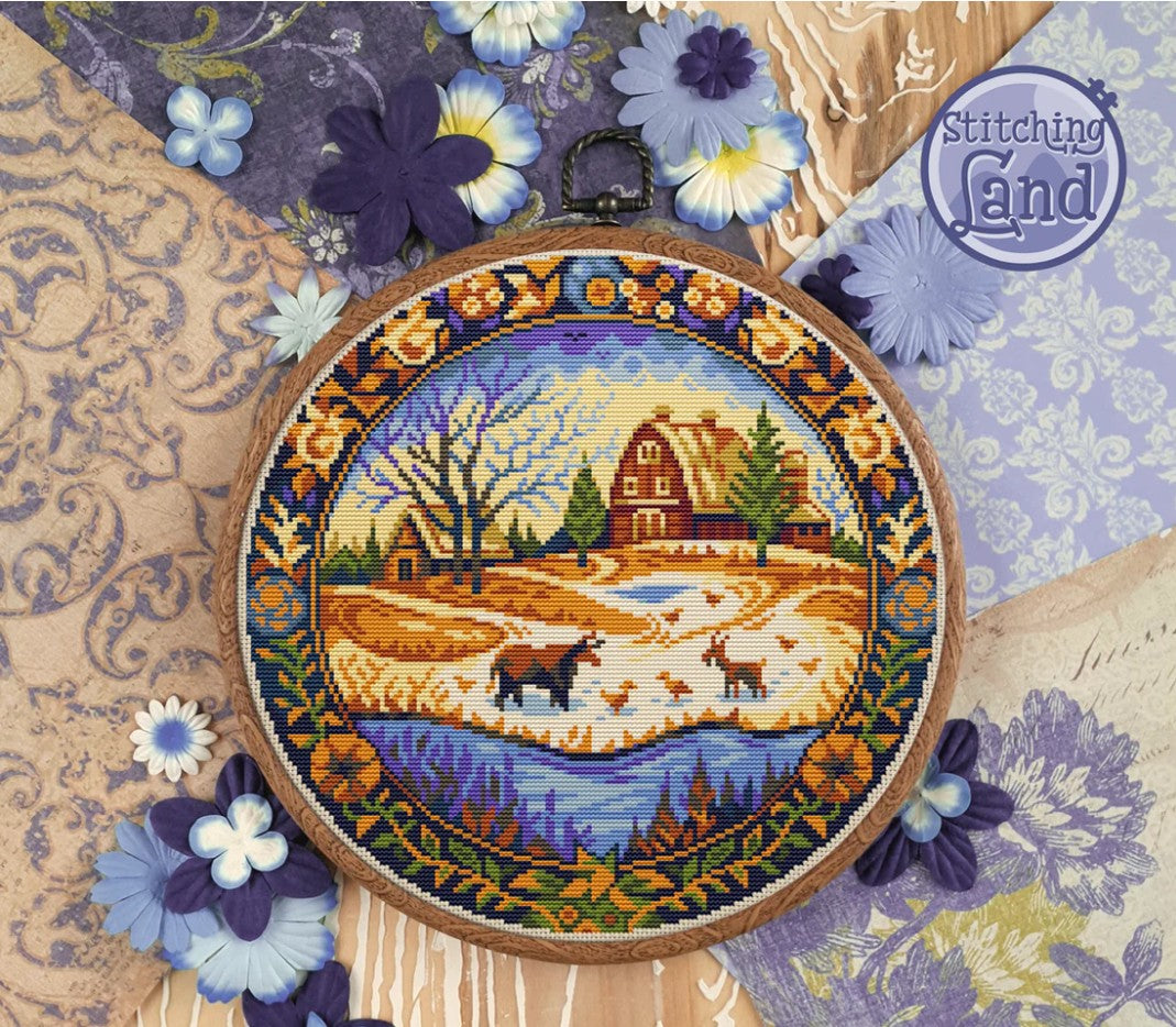 Stamped cross stitch design of a  farm and animals, surrounded by decorative flowers and fabrics.