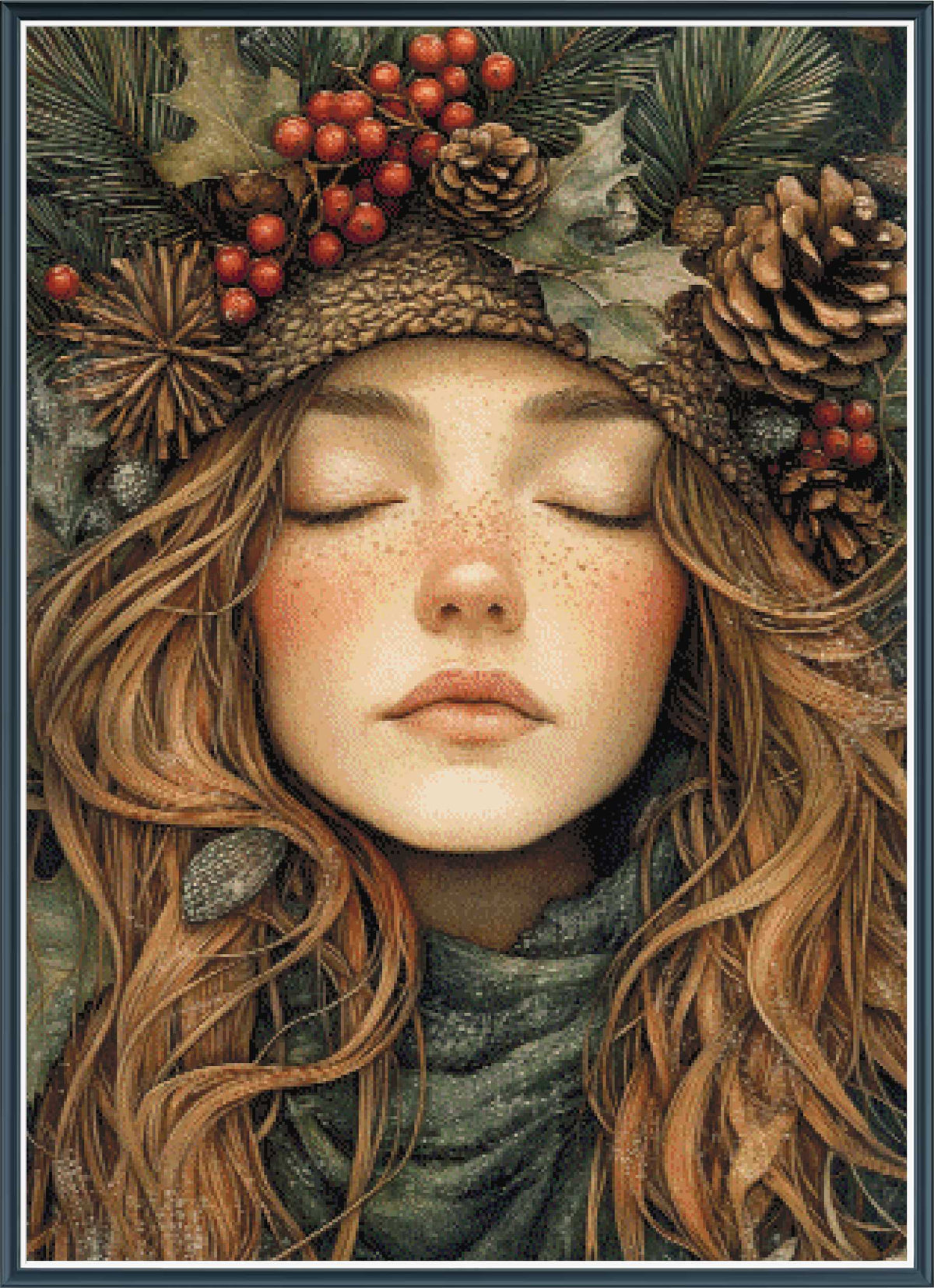 Stamped cross stitch design of  a woman with long hair and a wreath of pine cones and berries on her head.