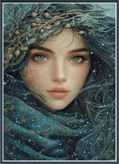 Stamped cross stitch design of  a woman with a snowy, nature-themed headpiece and scarf.