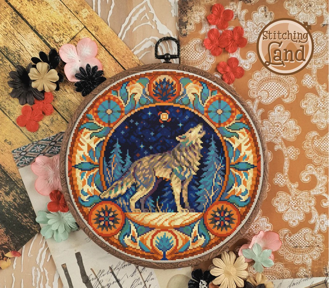 Mockup of a stamped cross stitch showing a  Embroidery hoop with a wolf design surrounded by flowers on a textured background