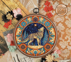 Mockup of a stamped cross stitch showing a  Embroidery hoop with a wolf design surrounded by flowers on a textured background