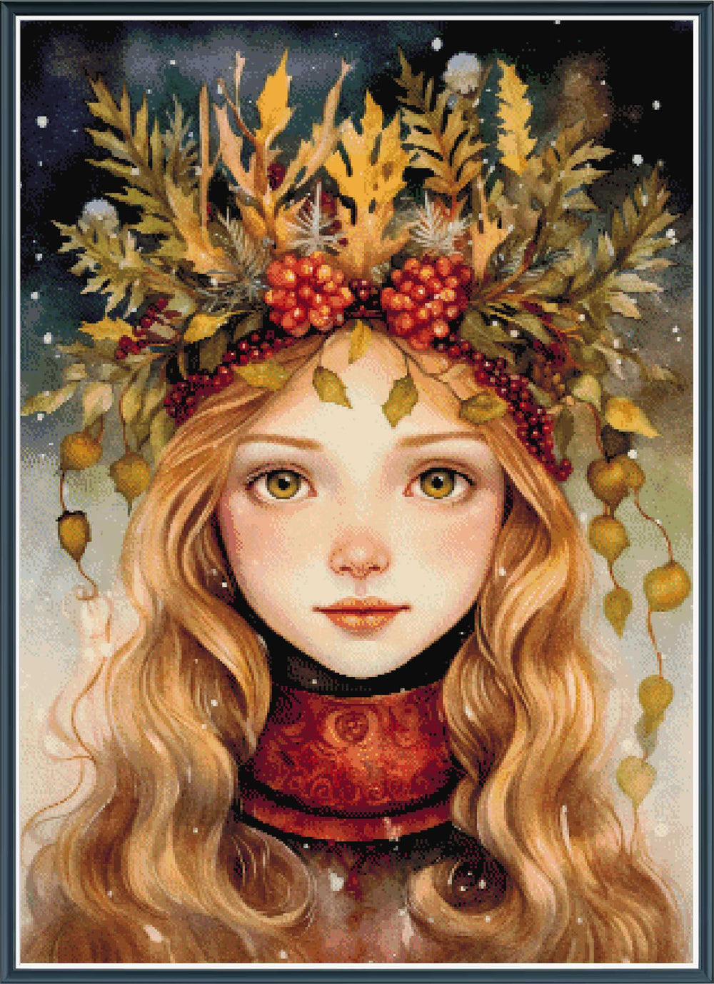 Stamped cross stitch design of  a woman with a wreath of autumn leaves and berries on her head.