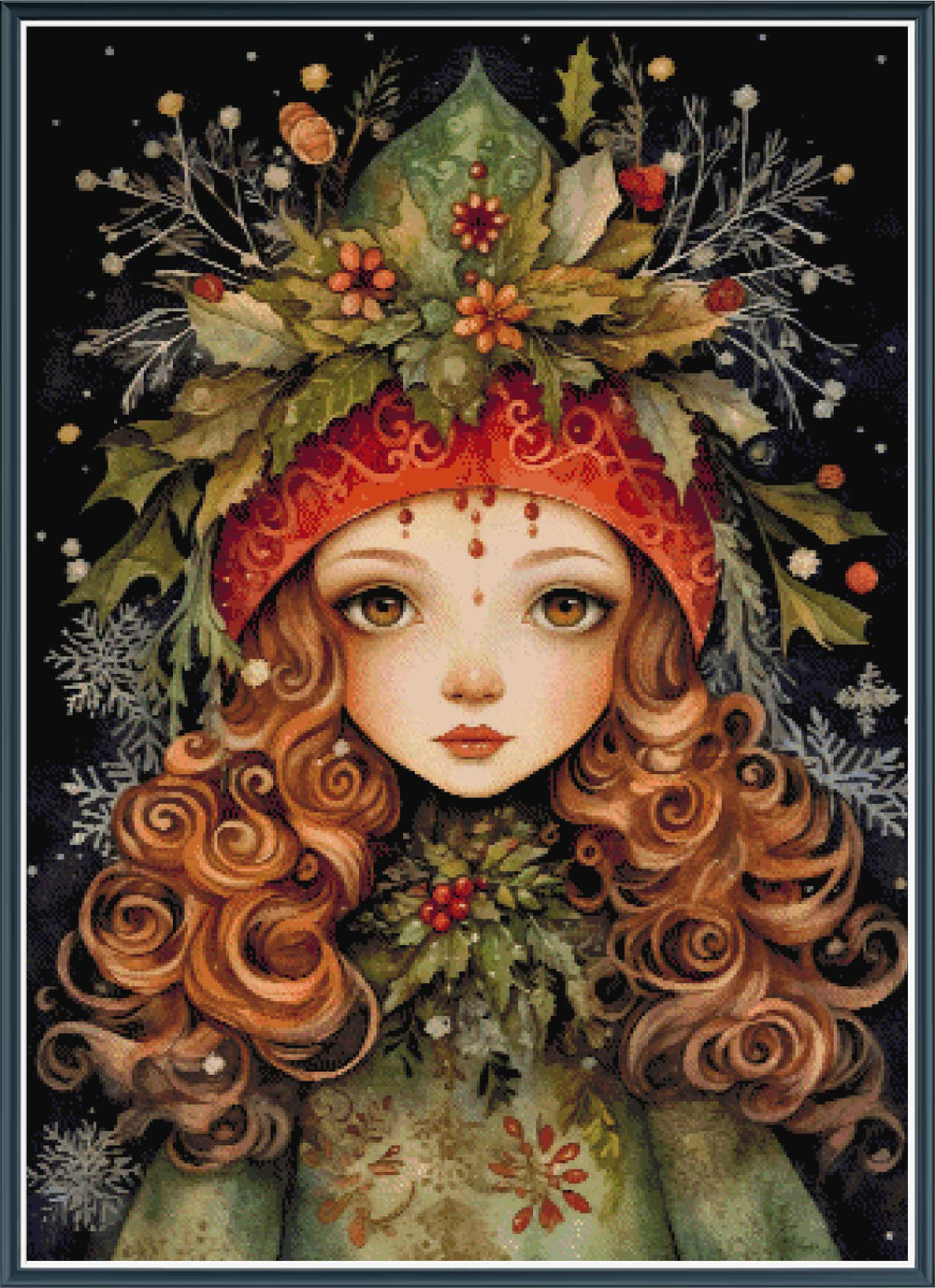 Stamped cross stitch design of a woman with curly hair and a decorative headpiece against a starry night sky.