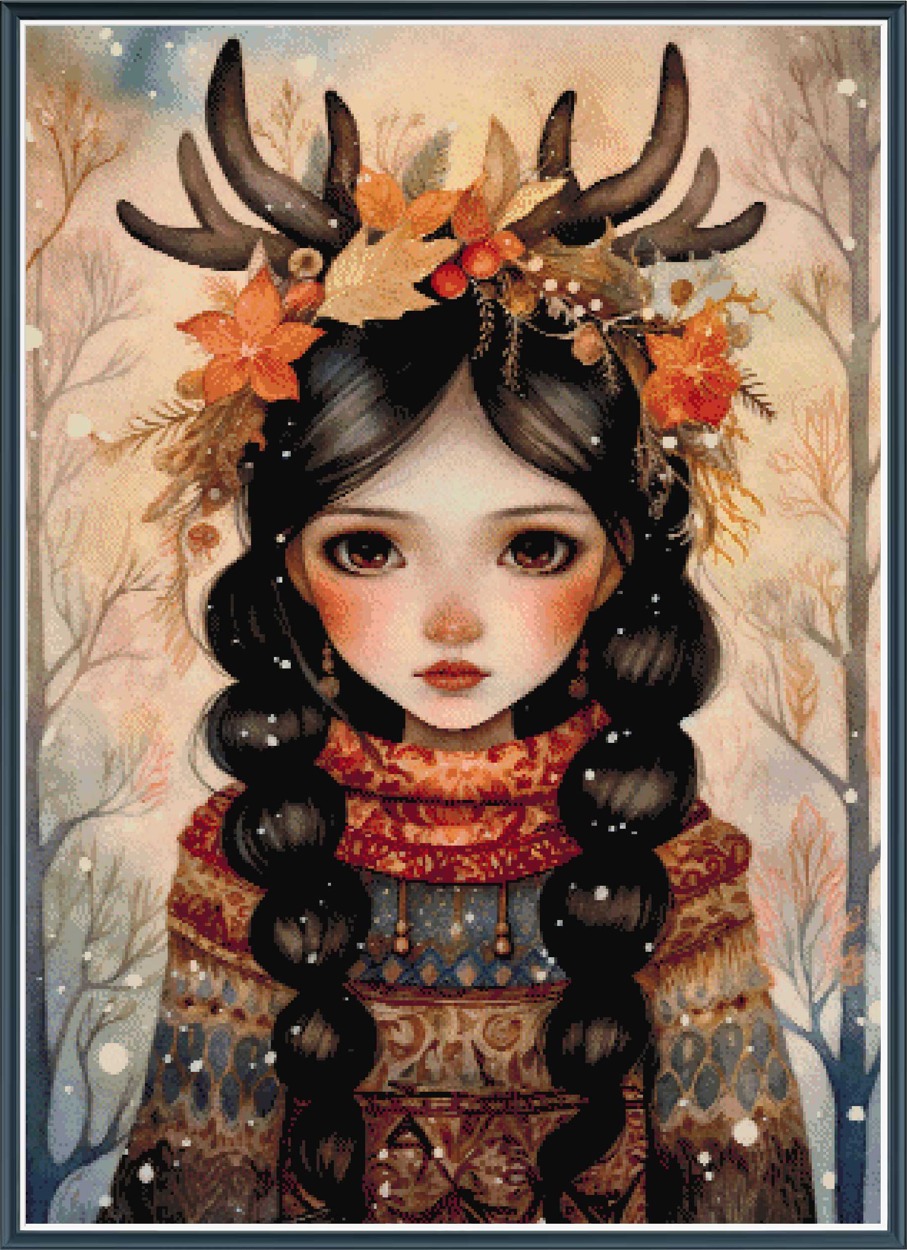 Stamped cross stitch design of  a woman with long dark hair wearing a floral and antler headpiece, set against a winter landscape.