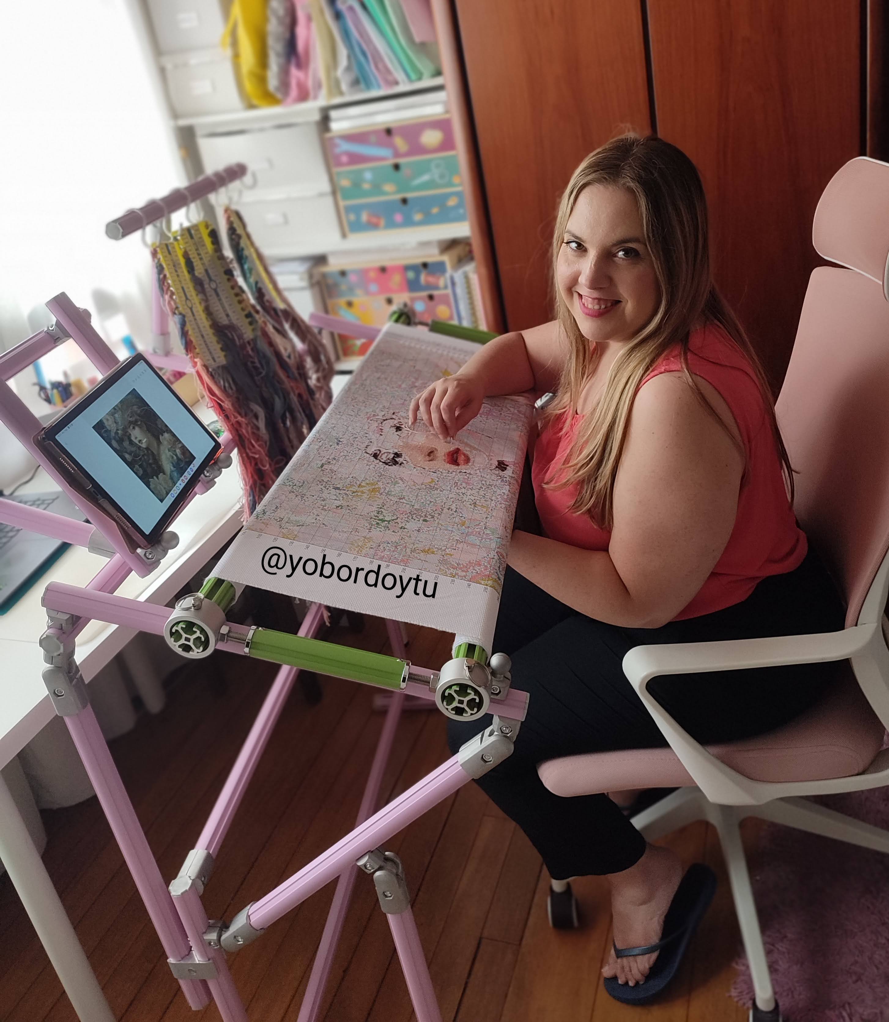 4th Gen Adjustable Cross Stitch Stand – Sturdy Aluminum Base with Height, Width & Tilt Adjustment | Phone & Thread Holder Included | Suitable for small, medium, and large scroll frames (scroll frame not included)