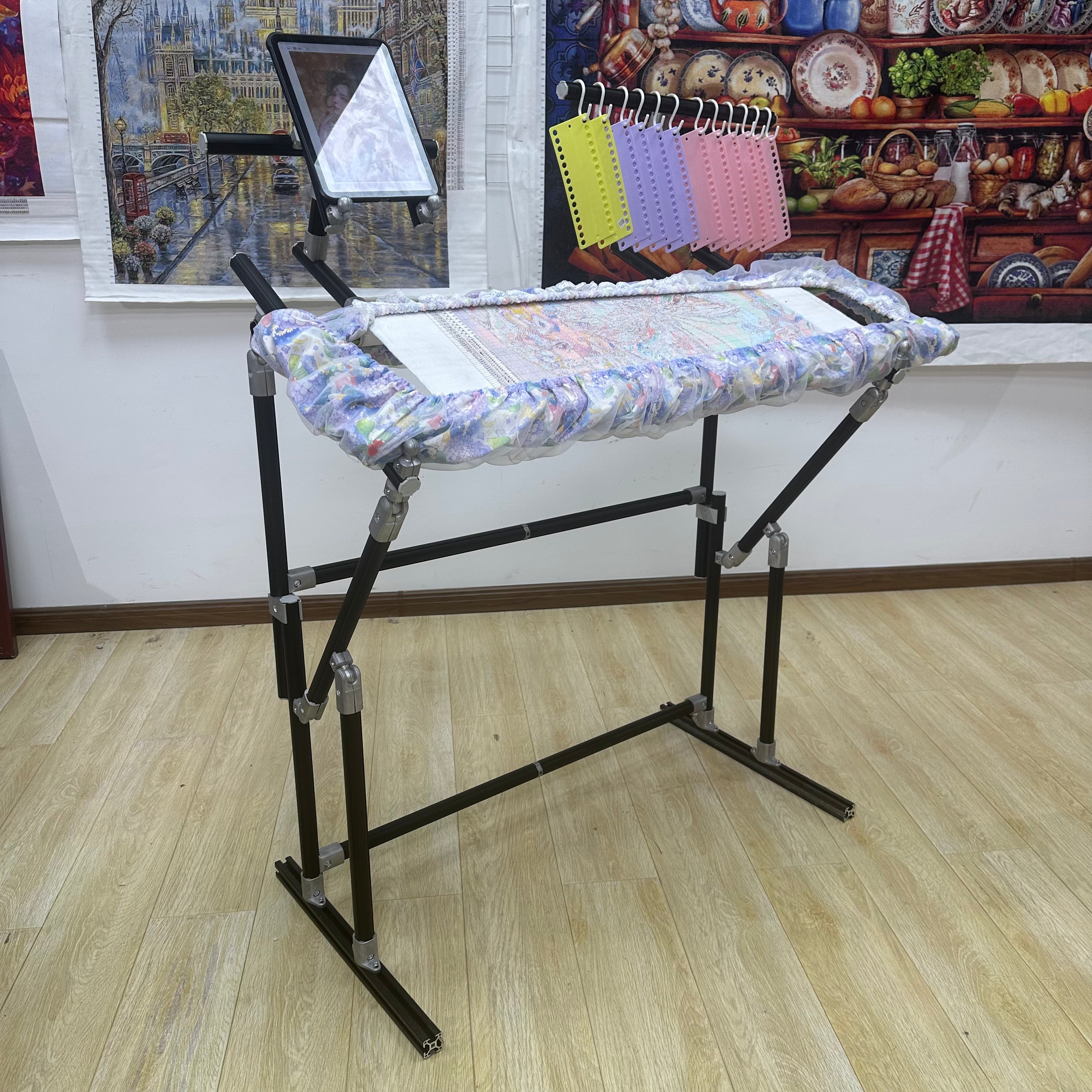 4th Gen Adjustable Cross Stitch Stand – Sturdy Aluminum Base with Height, Width & Tilt Adjustment | Phone & Thread Holder Included | Suitable for small, medium, and large scroll frames (scroll frame not included)