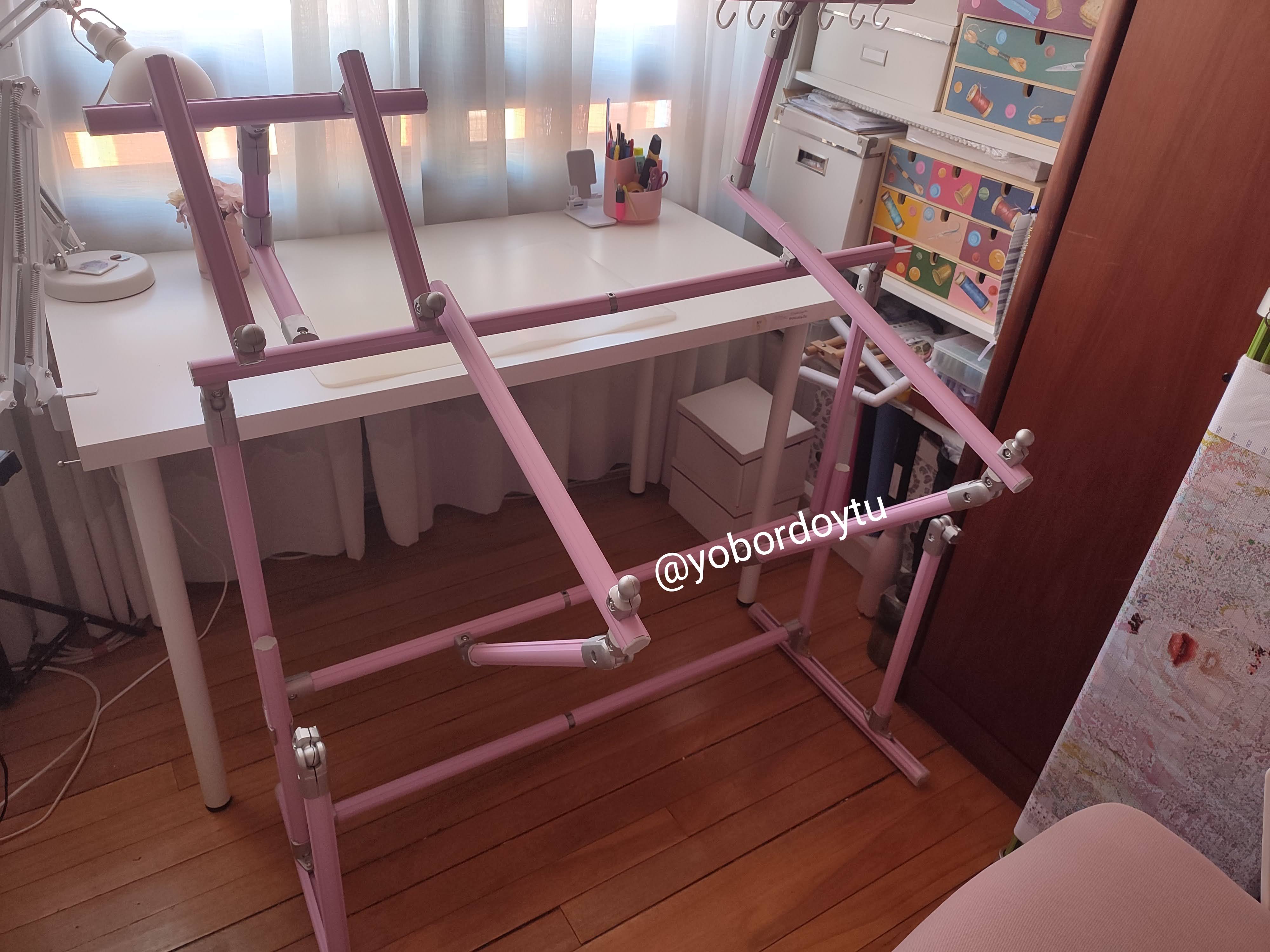 4th Gen Adjustable Cross Stitch Stand – Sturdy Aluminum Base with Height, Width & Tilt Adjustment | Phone & Thread Holder Included | Suitable for small, medium, and large scroll frames (scroll frame not included)