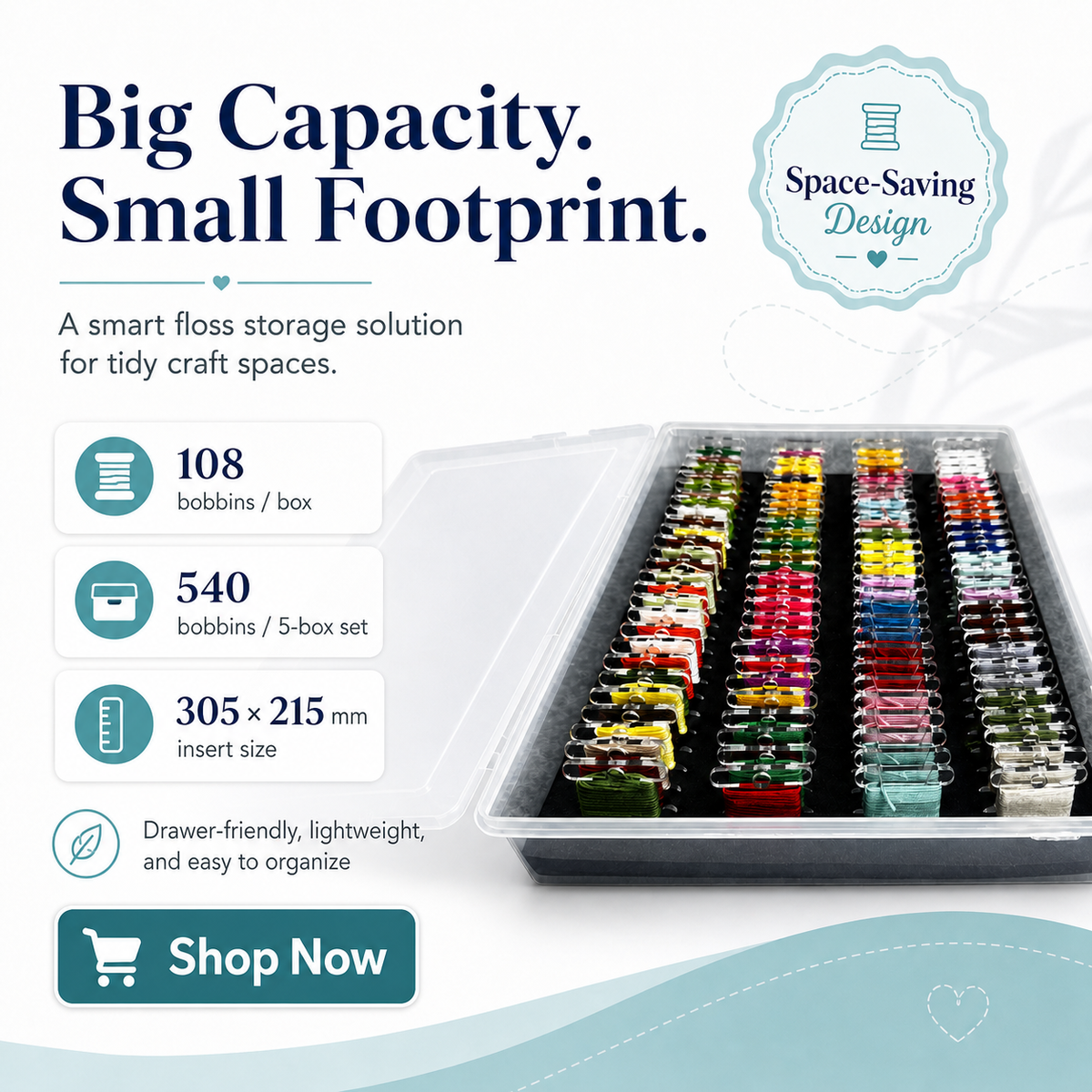 Embroidery Floss Storage Box - Fits 3mm Acrylic Bobbins (108/540)  | Foam Insert Craft Storage for Embroidery Crafters