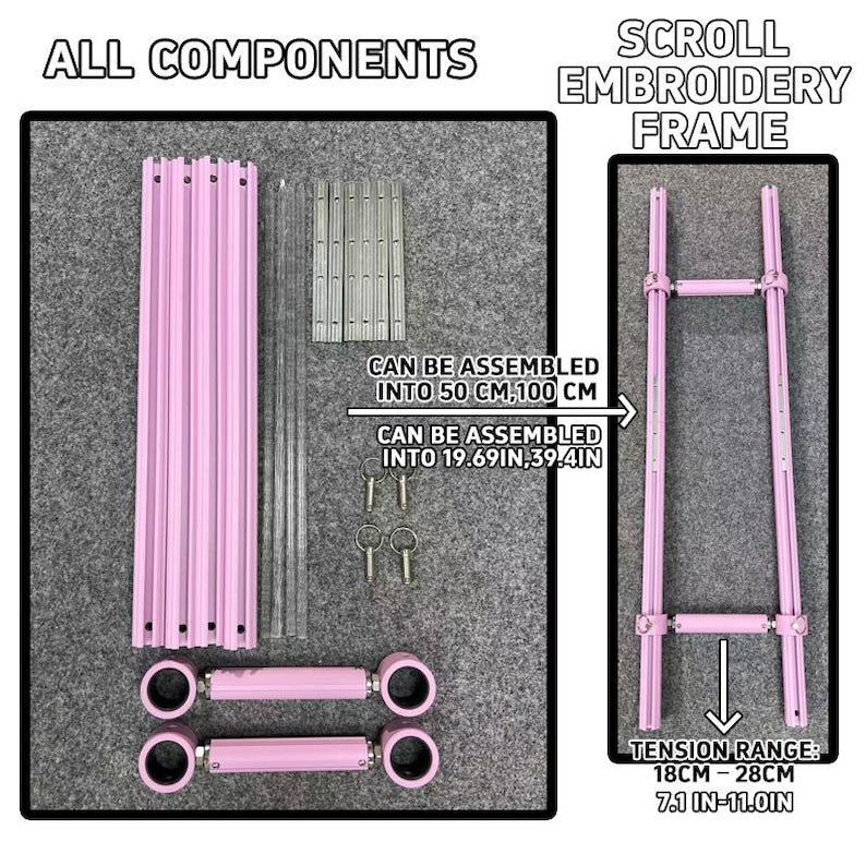 Pink Adjustable Aluminum Alloy Scroll Frame for Cross Stitch | Extra Thick, Extendable Embroidery Frame with Adjustable Width and Length