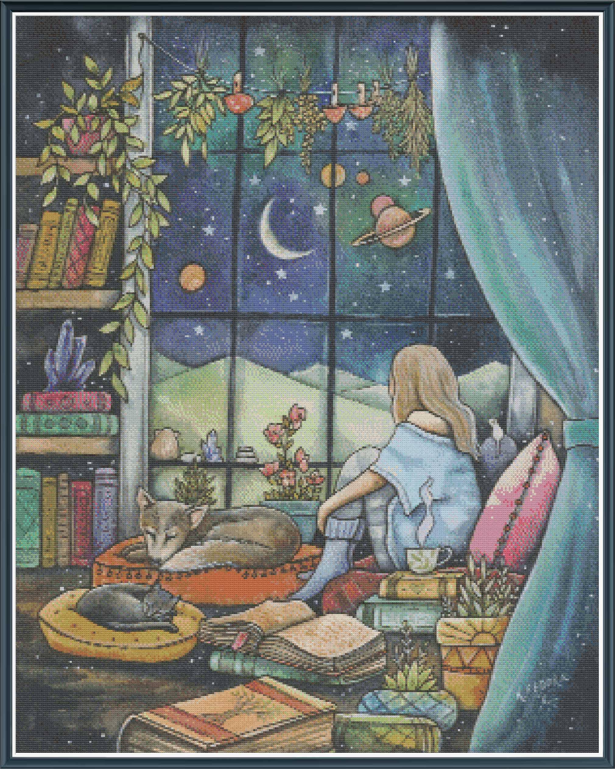 Kat Fedora’s Nightfall, showing a woman beside a moonlit window, surrounded by books, plants and sleeping cats in a cosy reading nook.