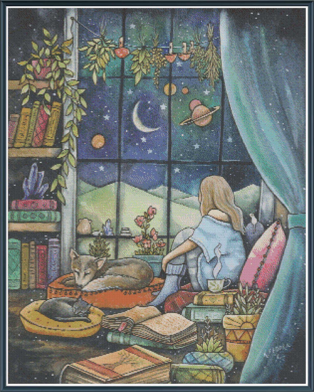 Kat Fedora’s Nightfall, showing a woman beside a moonlit window, surrounded by books, plants and sleeping cats in a cosy reading nook.
