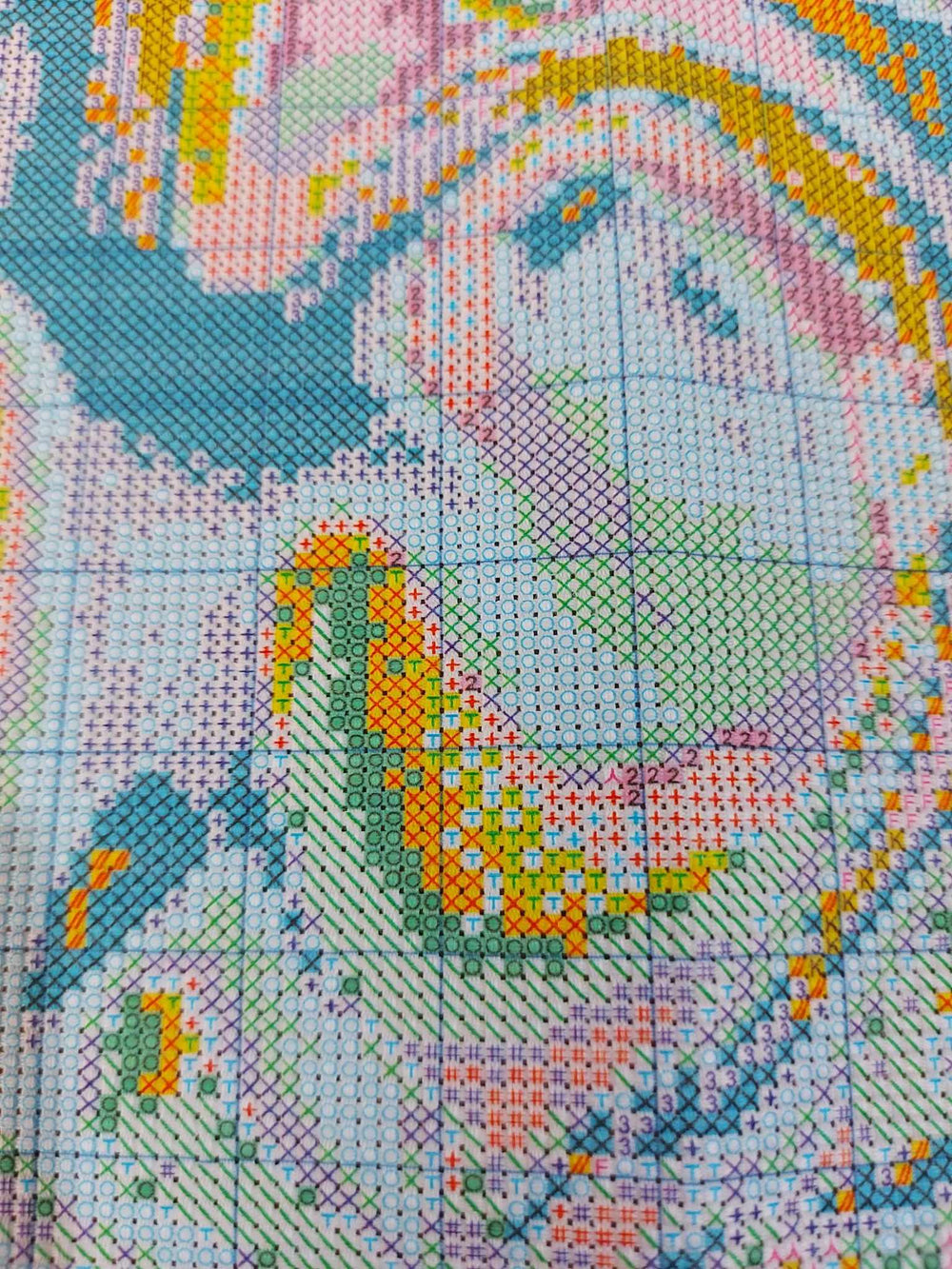Close-up of The Stamped Stitch Club's premium stamped cross stitch fabric, showing crisp, clearly printed symbols in a variety of colours, shapes and patterns. Each symbol is designed to be easily distinguishable from the others, making the chart easier to read and follow while stitching.
